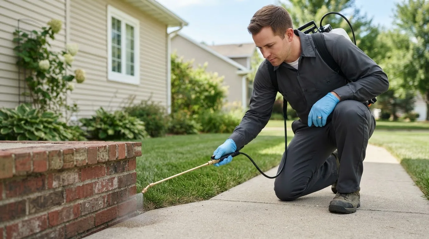 Pest control technician treating a home near La Blanca, TX